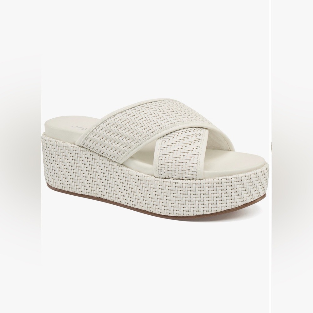 J Slides Crisscross Platform Wedge Sandals White Raffia Slides NWOT‎